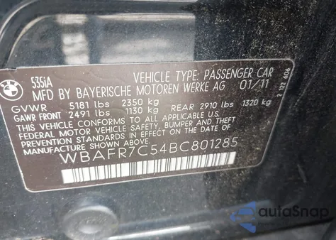 2011 BMW 535I from USA, damaged, VIN WBAFR7C54BC801285